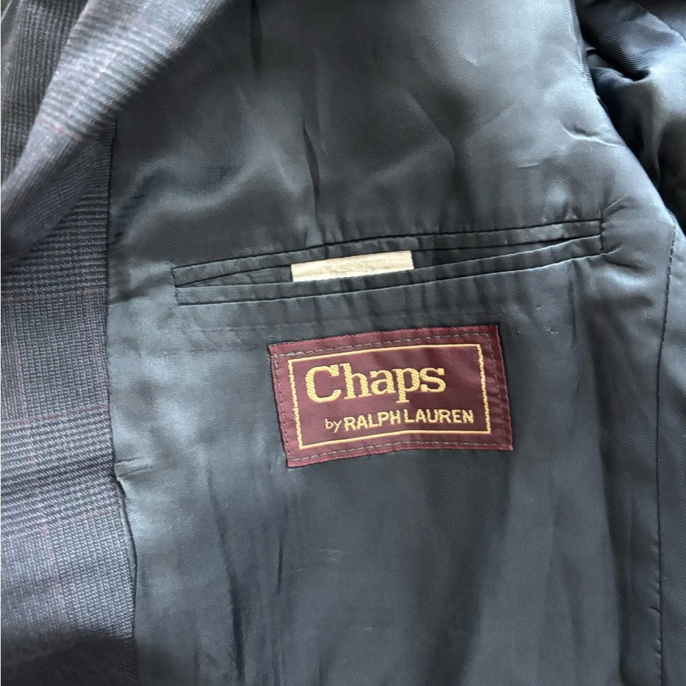 VTG Chaps Ralph Lauren Blazer Sport Coat Navy Blue Wool Plaid Mens 44T Old Money